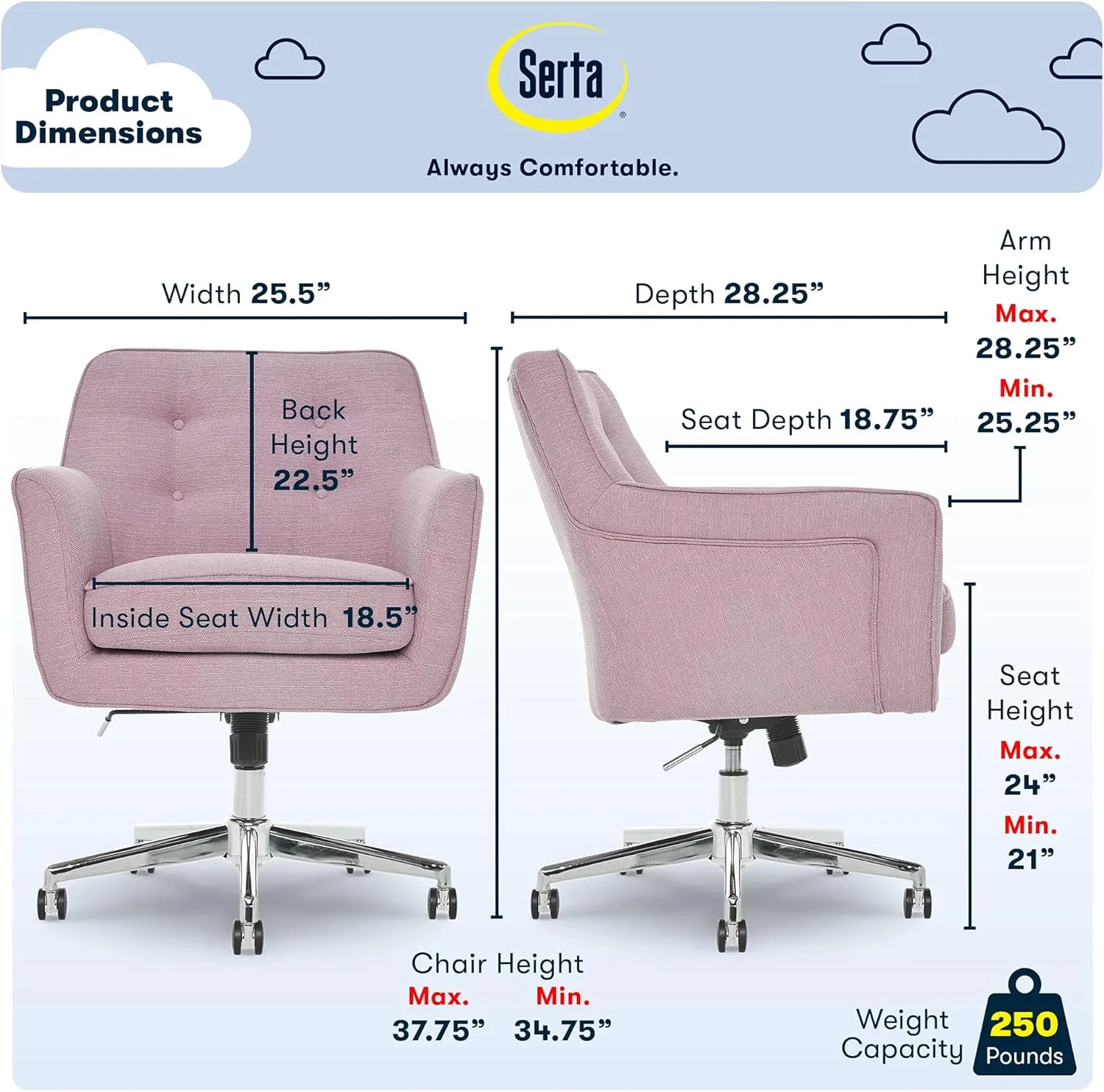 Serta Style Ashland Home Office Chair, Fresh Lilac Twill Fabric