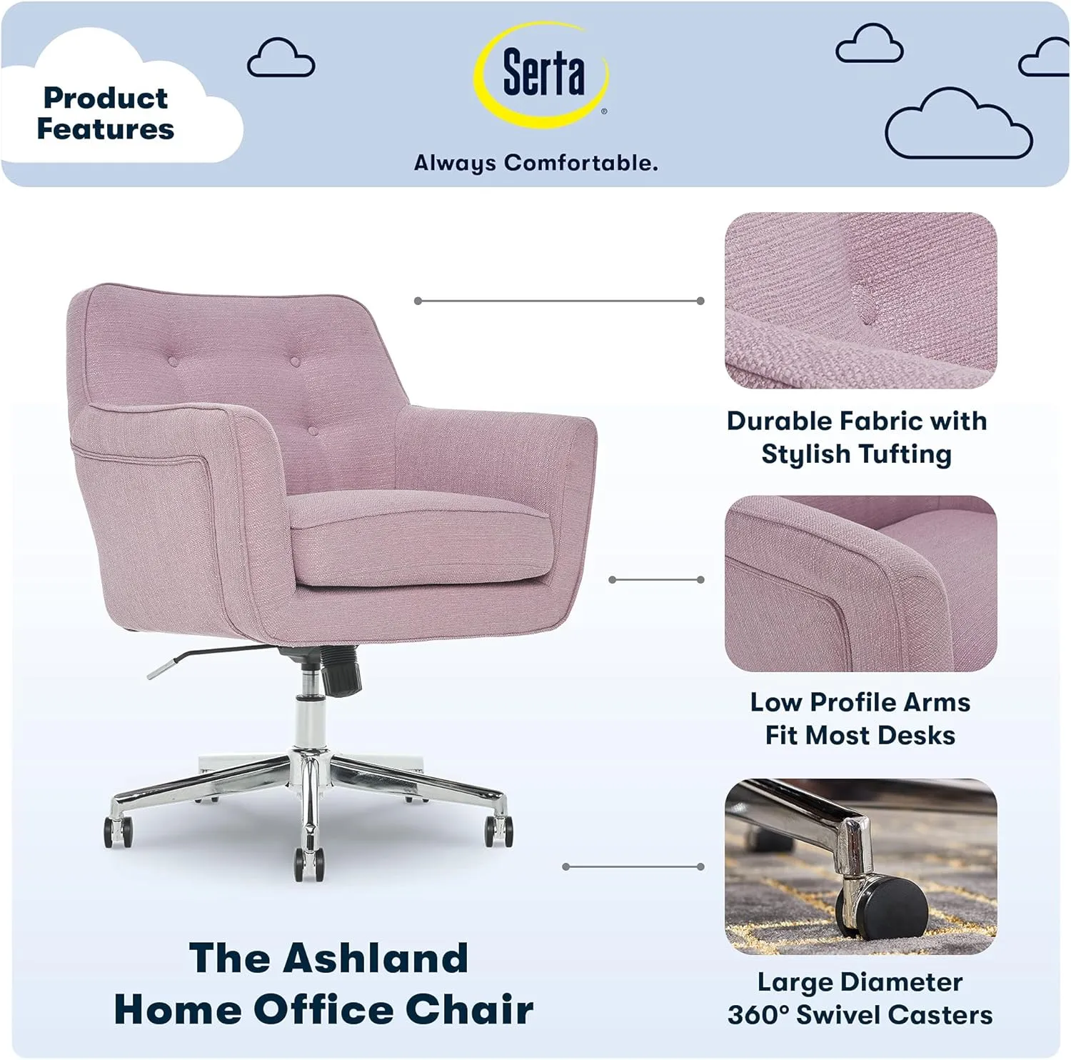 Serta Style Ashland Home Office Chair, Fresh Lilac Twill Fabric
