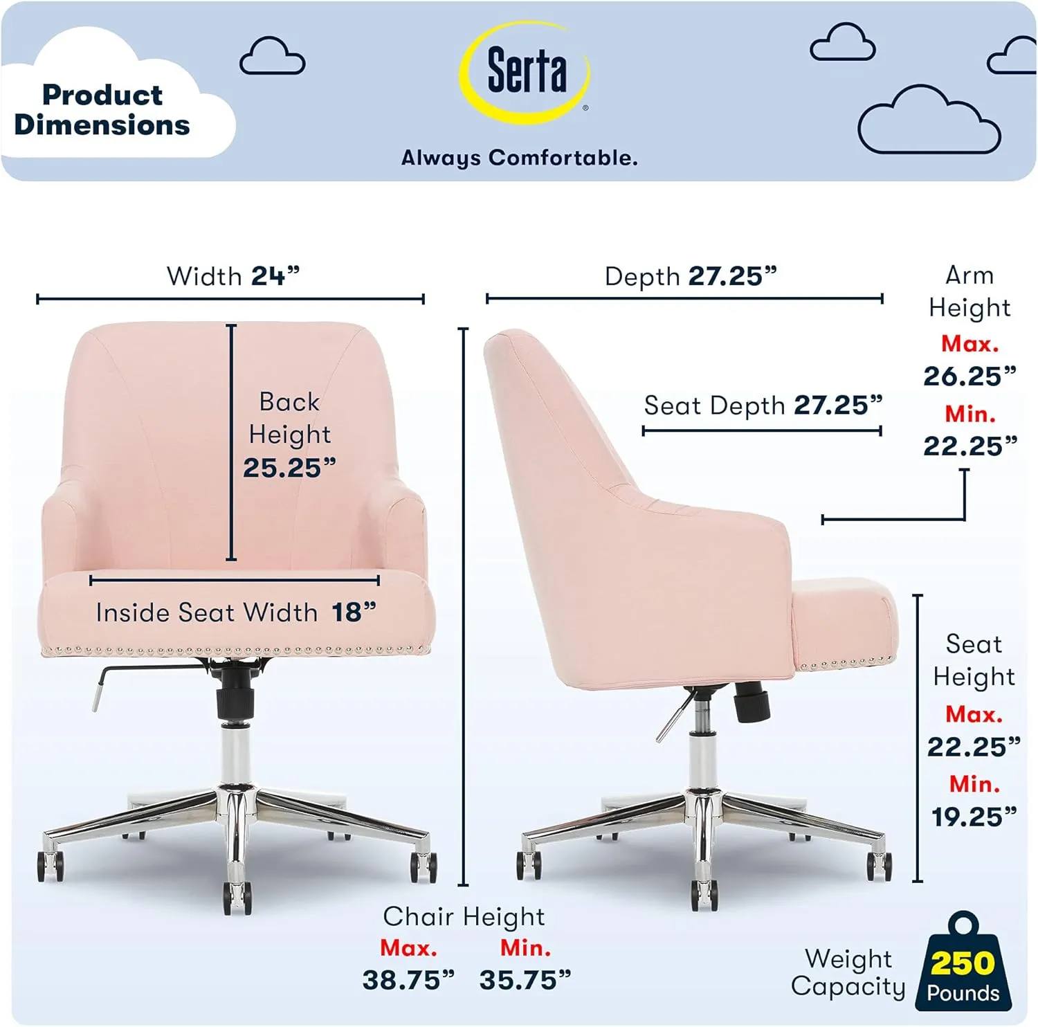 Serta Style Leighton Home Office Chair, Party Pink Twill Fabric 27.25D x 24W x 38.75H in