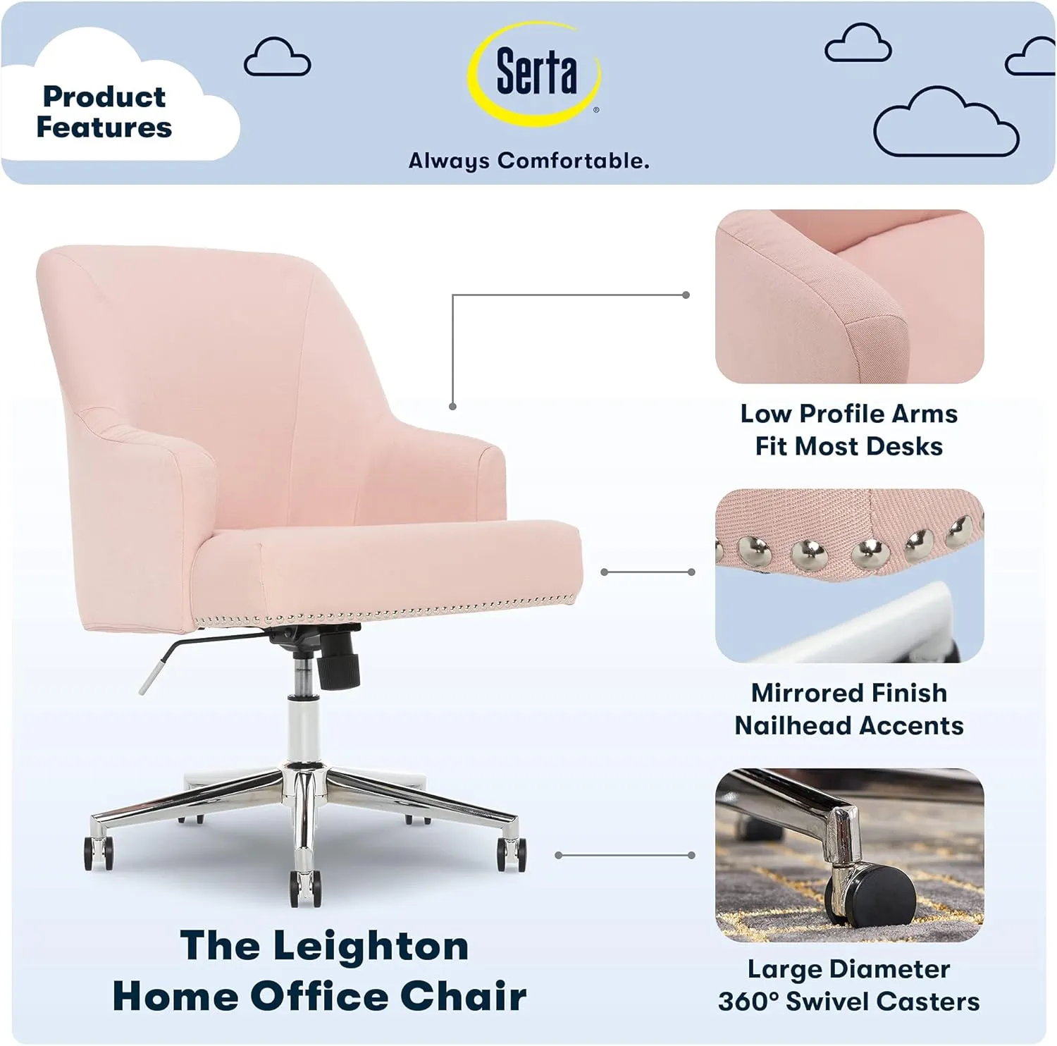 Serta Style Leighton Home Office Chair, Party Pink Twill Fabric 27.25D x 24W x 38.75H in