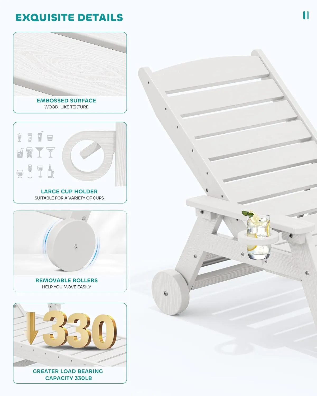 SERWALL Patio Chaise Lounge Chair, 78'' Long HDPE Outdoor Lounge Chair 5 Positions Adjustable Outdoor Lounger, Poly Lounge Chair with Rolling Wheels & Cup Holder for Pool, Light White