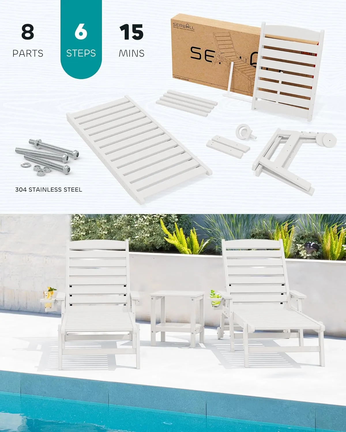 SERWALL Patio Chaise Lounge Chair, 78'' Long HDPE Outdoor Lounge Chair 5 Positions Adjustable Outdoor Lounger, Poly Lounge Chair with Rolling Wheels & Cup Holder for Pool, Light White