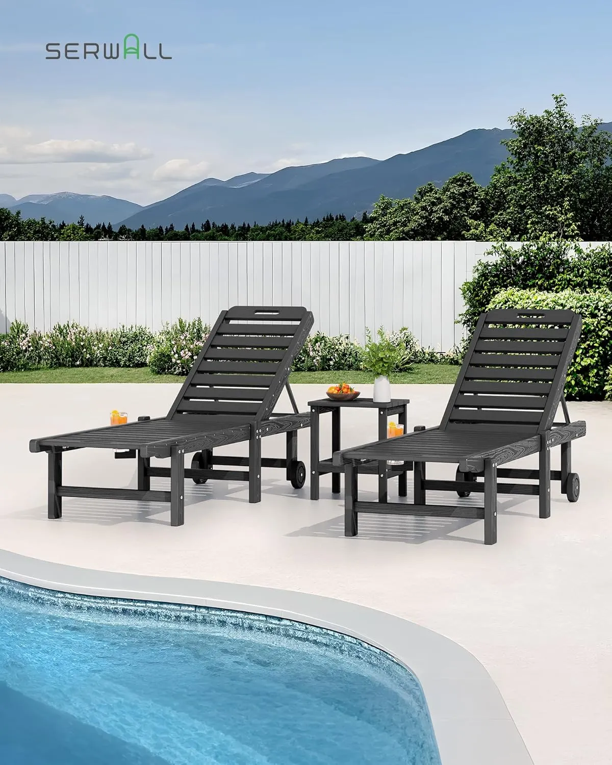 SERWALL Patio Chaise Lounge, HDPE Outdoor Lounge Chair with Cup Holder, 5 Positions Adjustable Poly Lounge Chair with Rolling Wheels for Poolside, Deck, Sunbathing, Grey