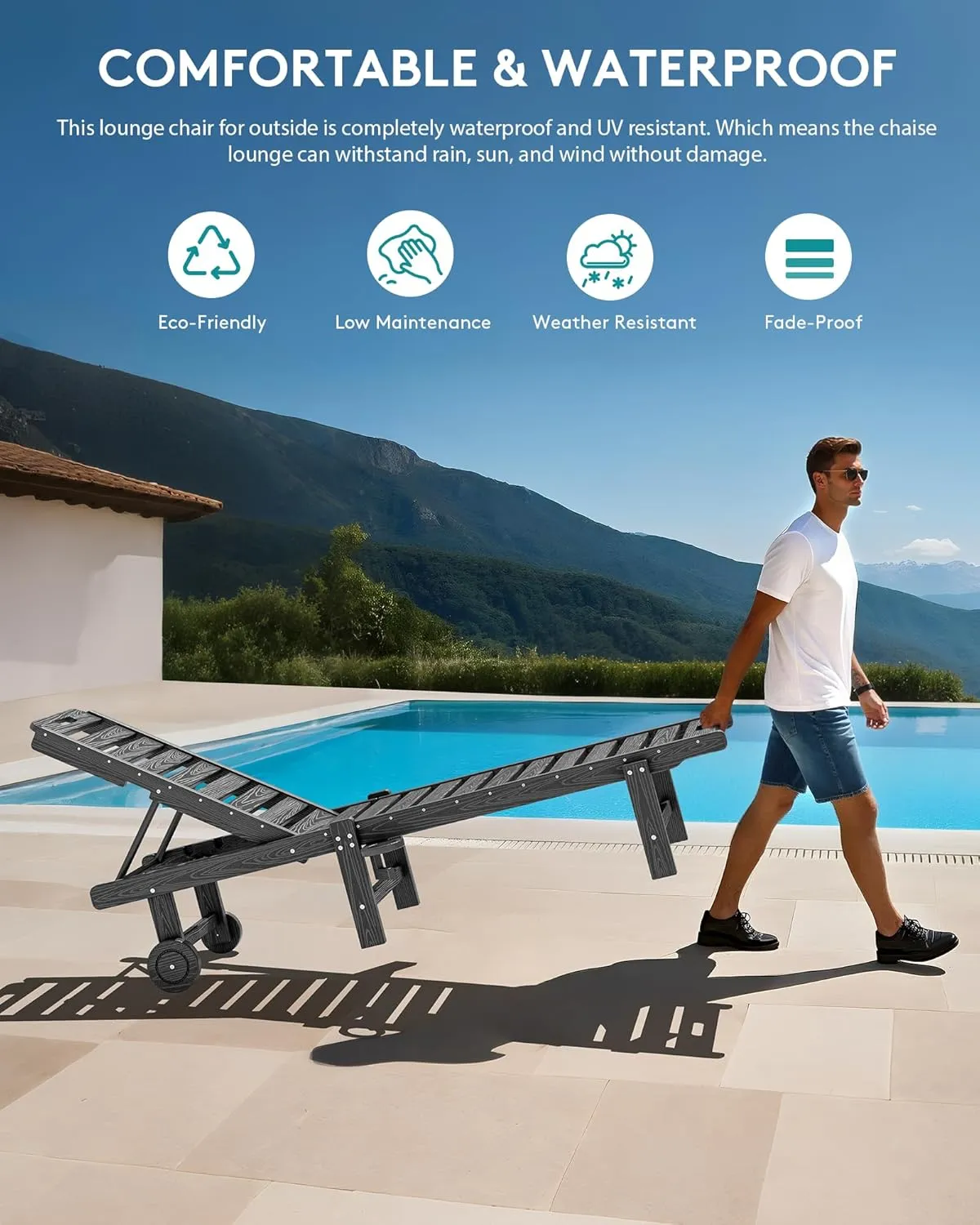 SERWALL Patio Chaise Lounge, HDPE Outdoor Lounge Chair with Cup Holder, 5 Positions Adjustable Poly Lounge Chair with Rolling Wheels for Poolside, Deck, Sunbathing, Grey