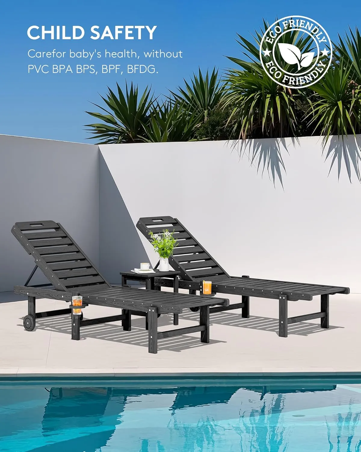 SERWALL Patio Chaise Lounge, HDPE Outdoor Lounge Chair with Cup Holder, 5 Positions Adjustable Poly Lounge Chair with Rolling Wheels for Poolside, Deck, Sunbathing, Grey