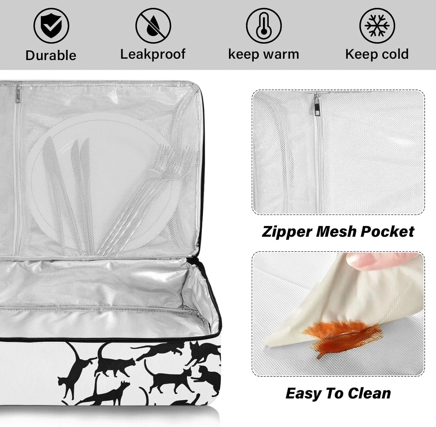 Set of Silhouettes of cats, Icons of cats in Different Poses on White Reusable Insulated Pizza Bag, Waterproof Food Delivery Bag, with Handle Lid Leakproof Pizza Holder Tote for Hot or Cold Food