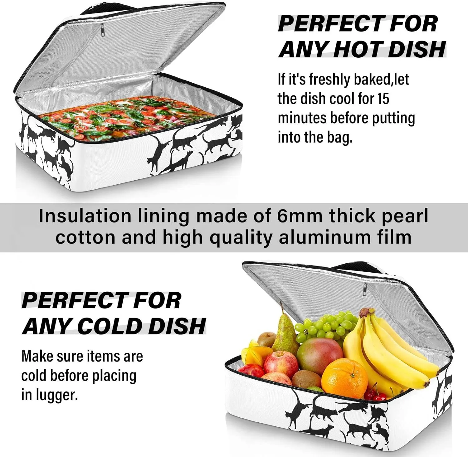 Set of Silhouettes of cats, Icons of cats in Different Poses on White Reusable Insulated Pizza Bag, Waterproof Food Delivery Bag, with Handle Lid Leakproof Pizza Holder Tote for Hot or Cold Food