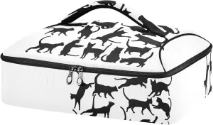 Set of Silhouettes of cats, Icons of cats in Different Poses on White Reusable Insulated Pizza Bag, Waterproof Food Delivery Bag, with Handle Lid Leakproof Pizza Holder Tote for Hot or Cold Food