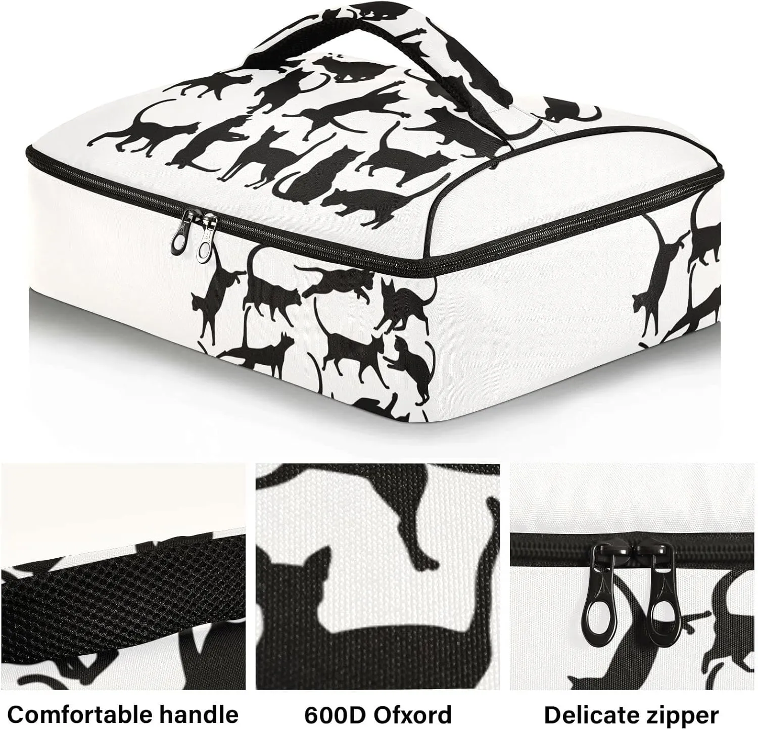 Set of Silhouettes of cats, Icons of cats in Different Poses on White Reusable Insulated Pizza Bag, Waterproof Food Delivery Bag, with Handle Lid Leakproof Pizza Holder Tote for Hot or Cold Food