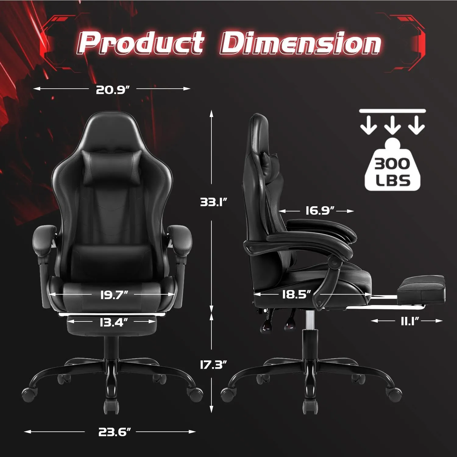 Shahoo Gaming Chair with Footrest and Massage Lumbar Support, Ergonomic Computer Chairs 360°Swivel and Height Adjustable Seat with Headrest for Office or Bedroom, Study Room, Black