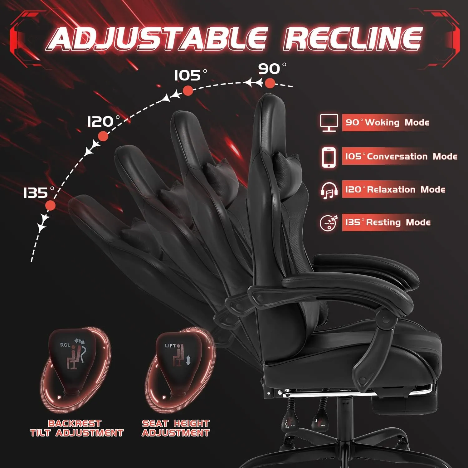 Shahoo Gaming Chair with Footrest and Massage Lumbar Support, Ergonomic Computer Chairs 360°Swivel and Height Adjustable Seat with Headrest for Office or Bedroom, Study Room, Black