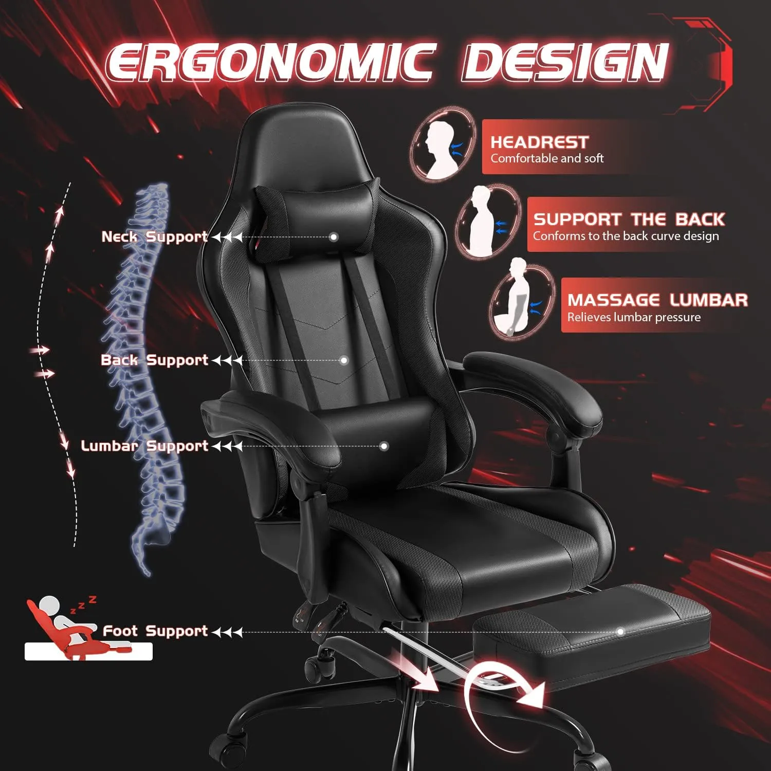 Shahoo Gaming Chair with Footrest and Massage Lumbar Support, Ergonomic Computer Chairs 360°Swivel and Height Adjustable Seat with Headrest for Office or Bedroom, Study Room, Black