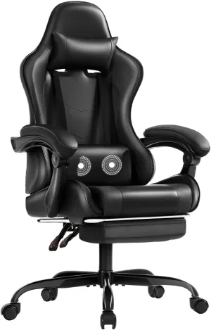 Shahoo Gaming Chair with Footrest and Massage Lumbar Support, Ergonomic Computer Chairs 360°Swivel and Height Adjustable Seat with Headrest for Office or Bedroom, Study Room, Black