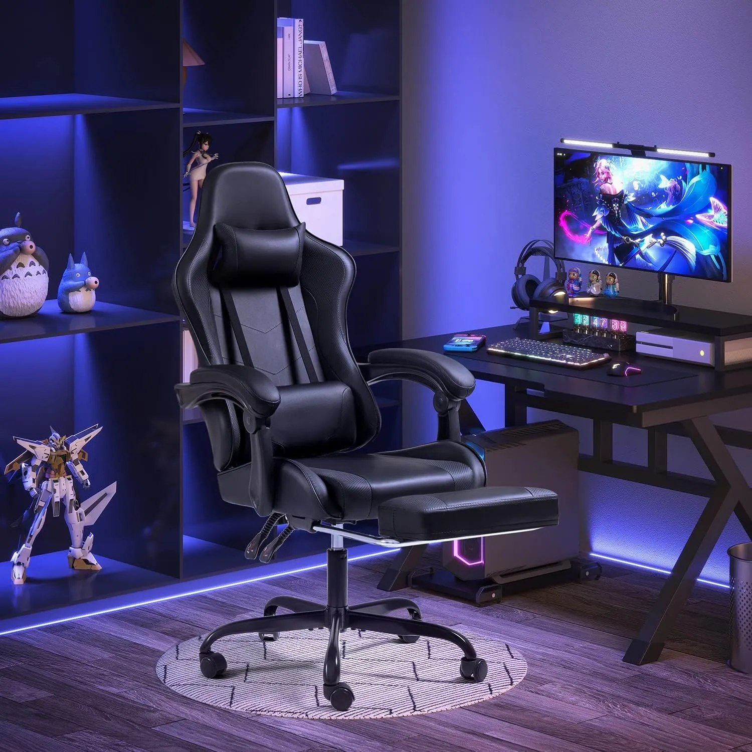 Shahoo Gaming Chair with Footrest and Massage Lumbar Support, Ergonomic Computer Chairs 360°Swivel and Height Adjustable Seat with Headrest for Office or Bedroom, Study Room, Black