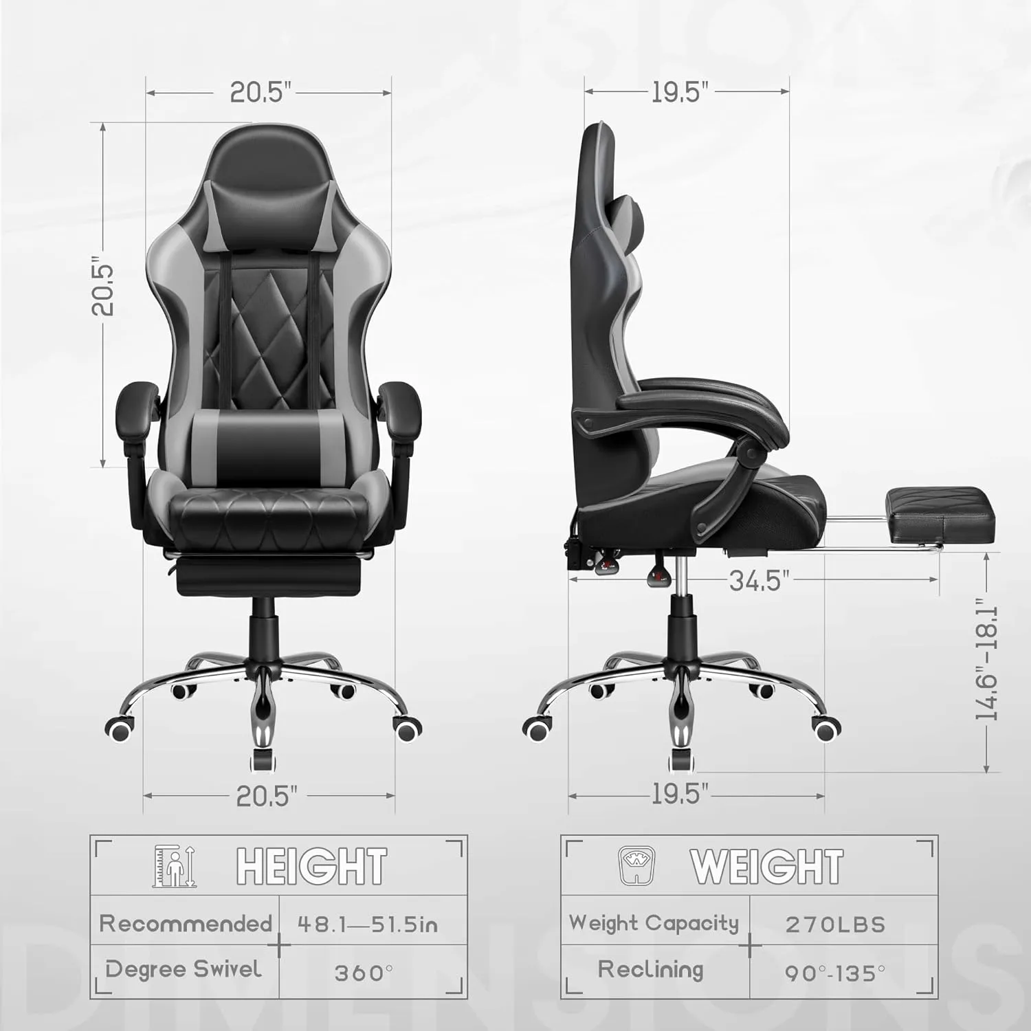 Shahoo Gaming Chair with Footrest and Massage Lumbar Support, Ergonomic Computer Seat Height Adjustable with 360°Swivel and Headrest, Grey