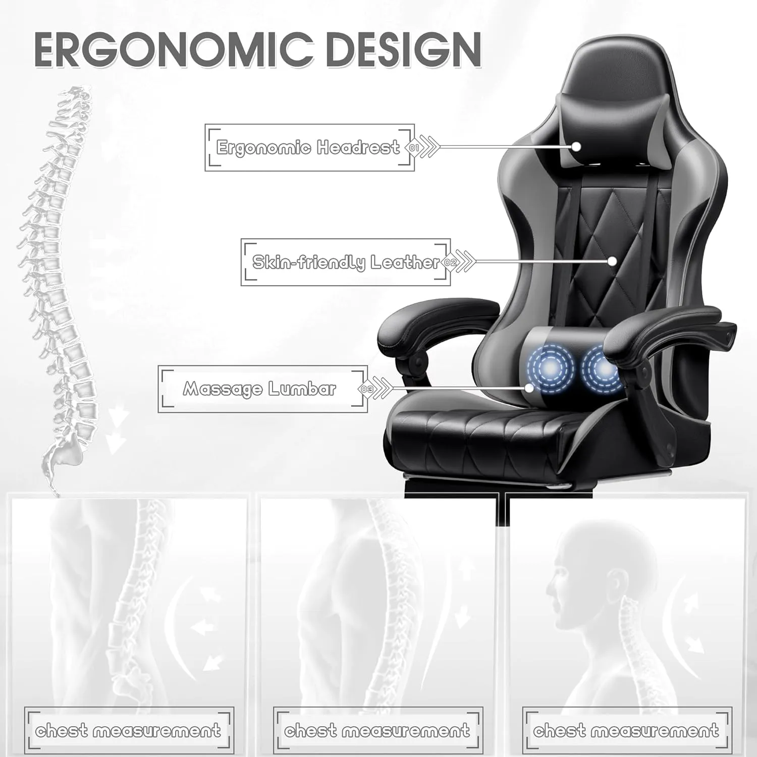 Shahoo Gaming Chair with Footrest and Massage Lumbar Support, Ergonomic Computer Seat Height Adjustable with 360°Swivel and Headrest, Grey