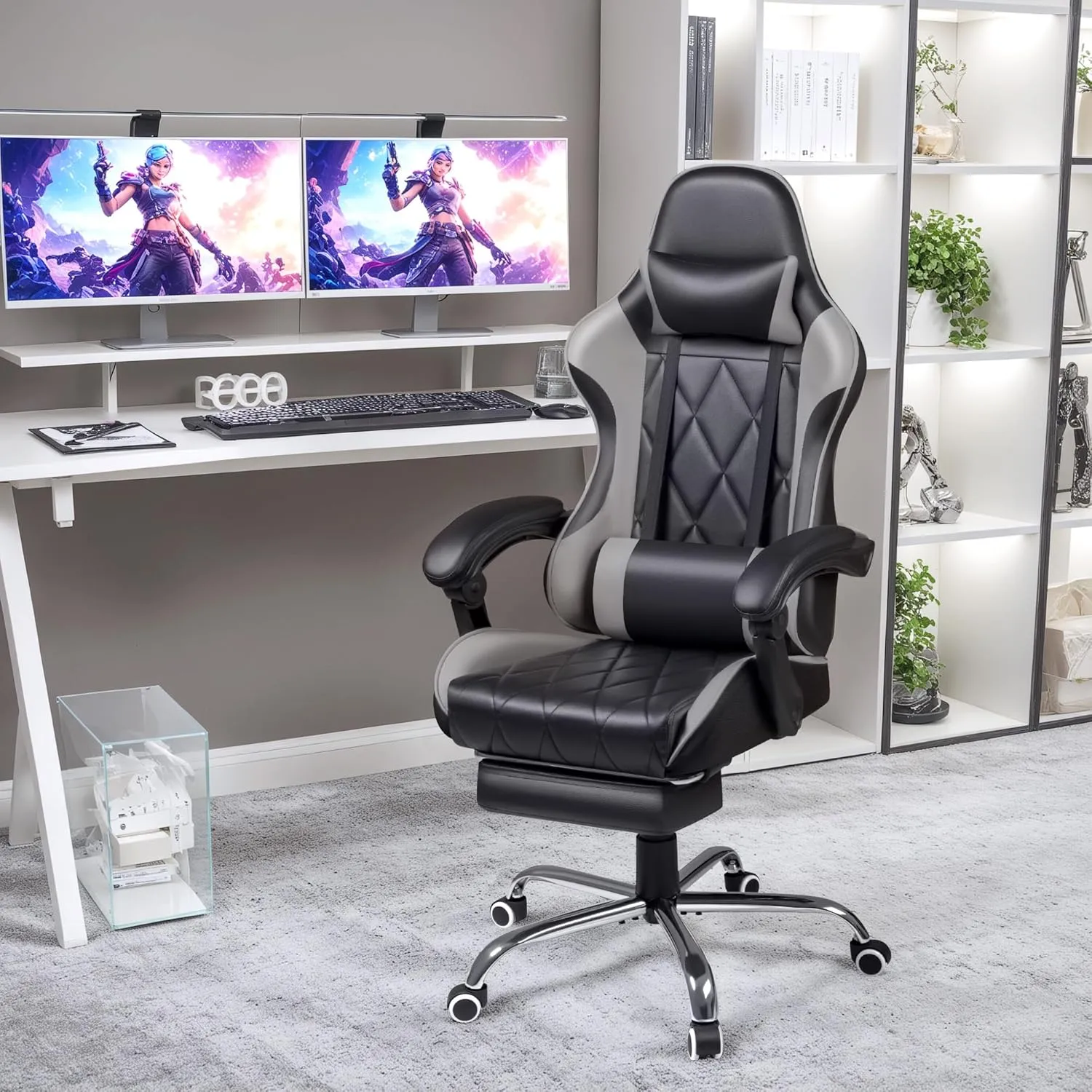 Shahoo Gaming Chair with Footrest and Massage Lumbar Support, Ergonomic Computer Seat Height Adjustable with 360°Swivel and Headrest, Grey