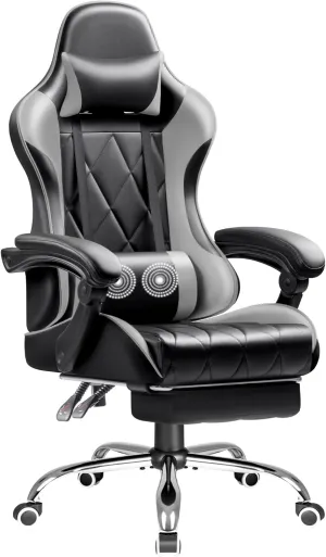 Shahoo Gaming Chair with Footrest and Massage Lumbar Support, Ergonomic Computer Seat Height Adjustable with 360°Swivel and Headrest, Grey