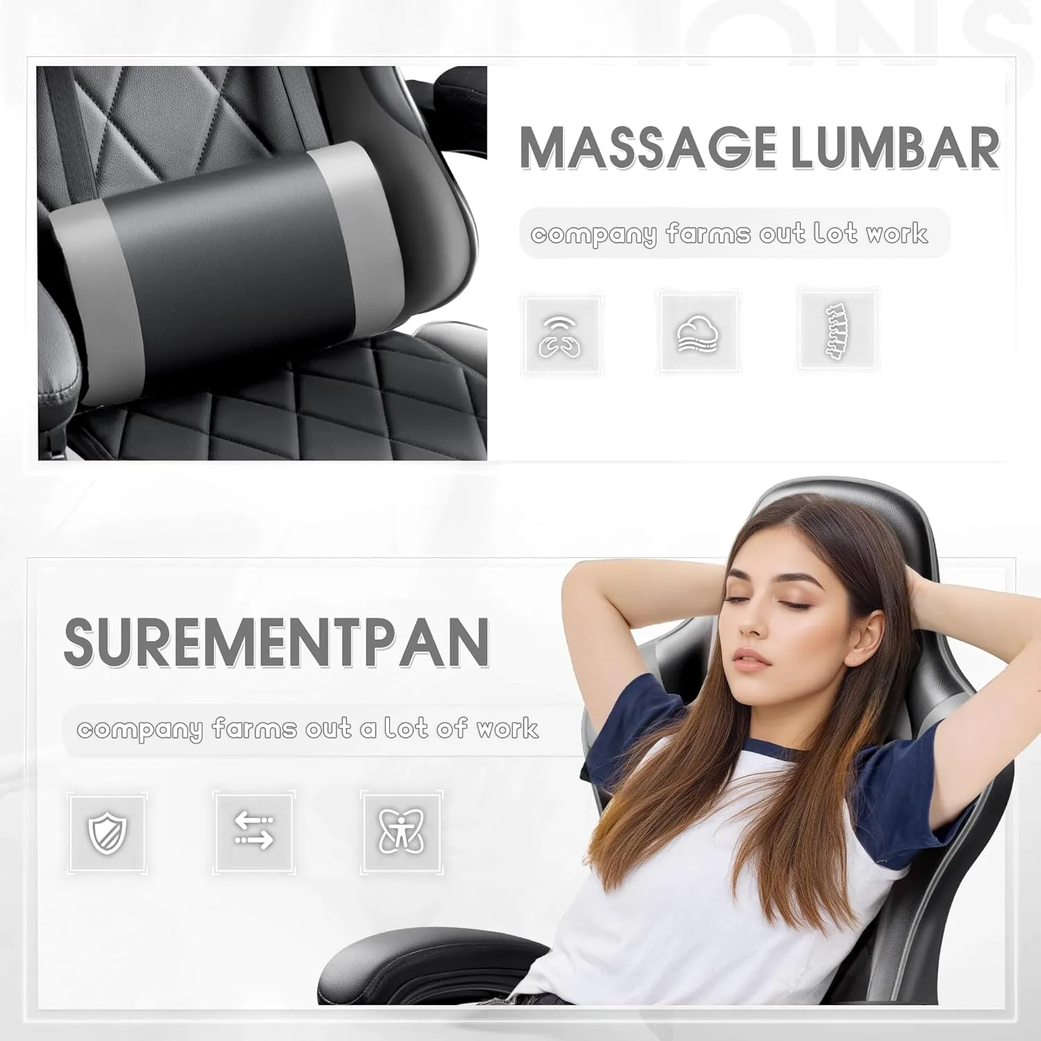 Shahoo Gaming Chair with Footrest and Massage Lumbar Support, Ergonomic Computer Seat Height Adjustable with 360°Swivel and Headrest, Grey