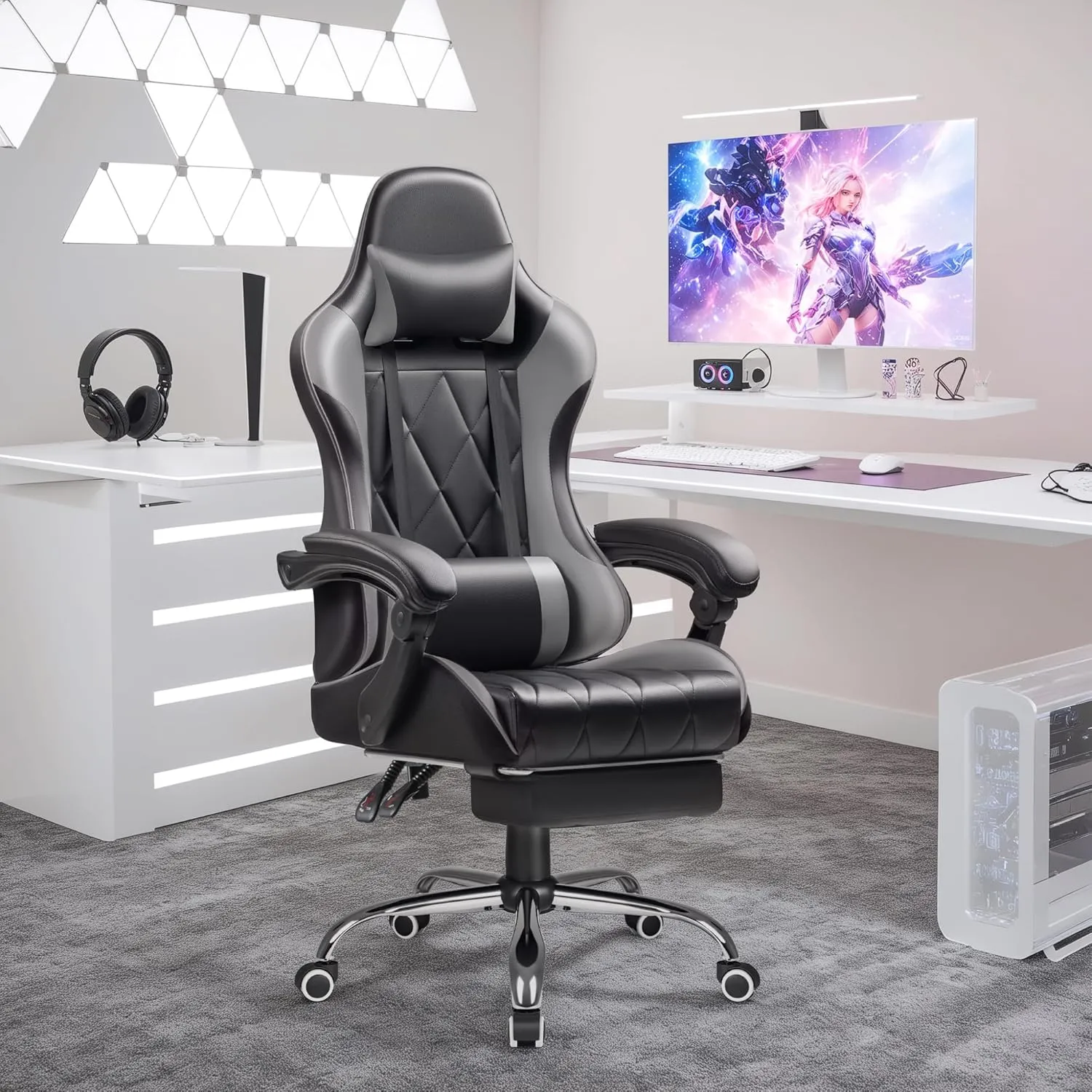 Shahoo Gaming Chair with Footrest and Massage Lumbar Support, Ergonomic Computer Seat Height Adjustable with 360°Swivel and Headrest, Grey