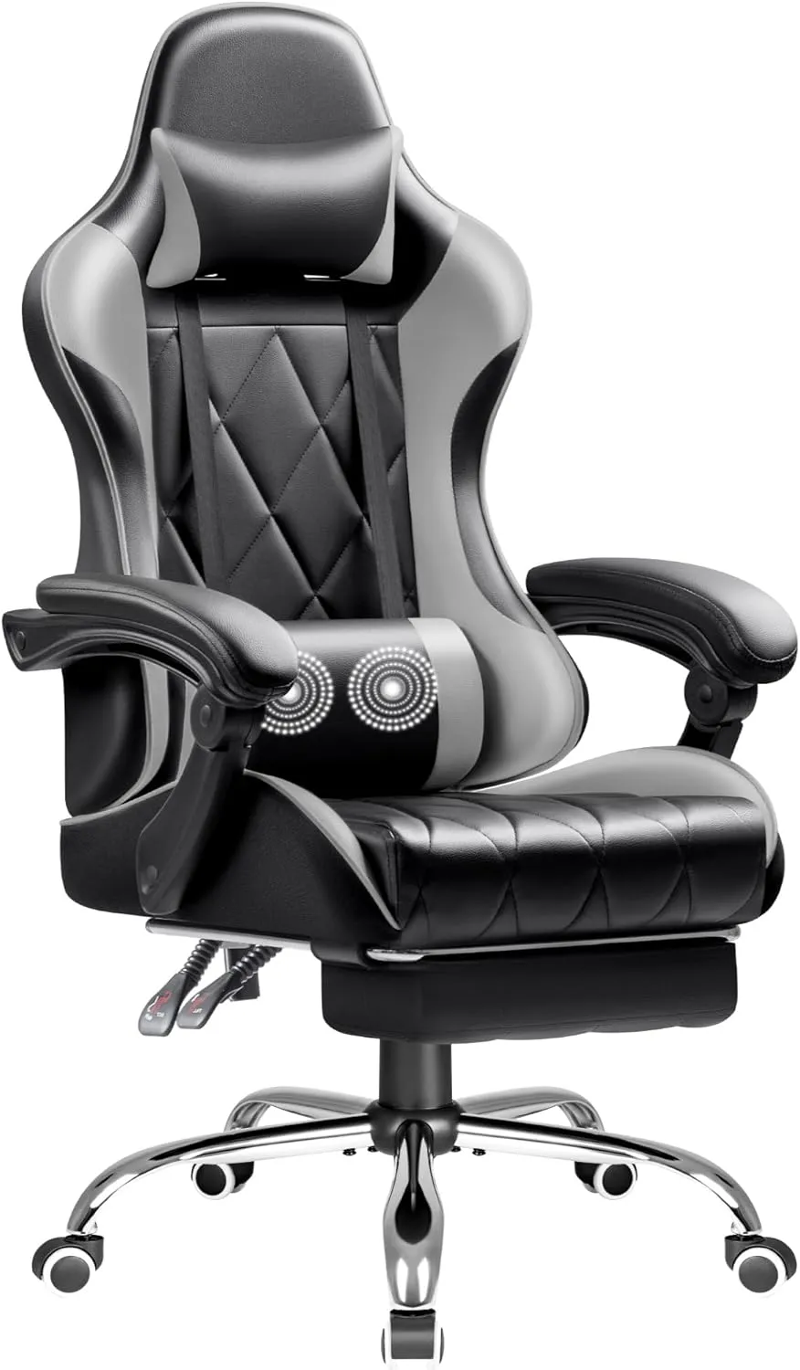 Shahoo Gaming Chair with Footrest and Massage Lumbar Support, Ergonomic Computer Seat Height Adjustable with 360°Swivel and Headrest, Grey