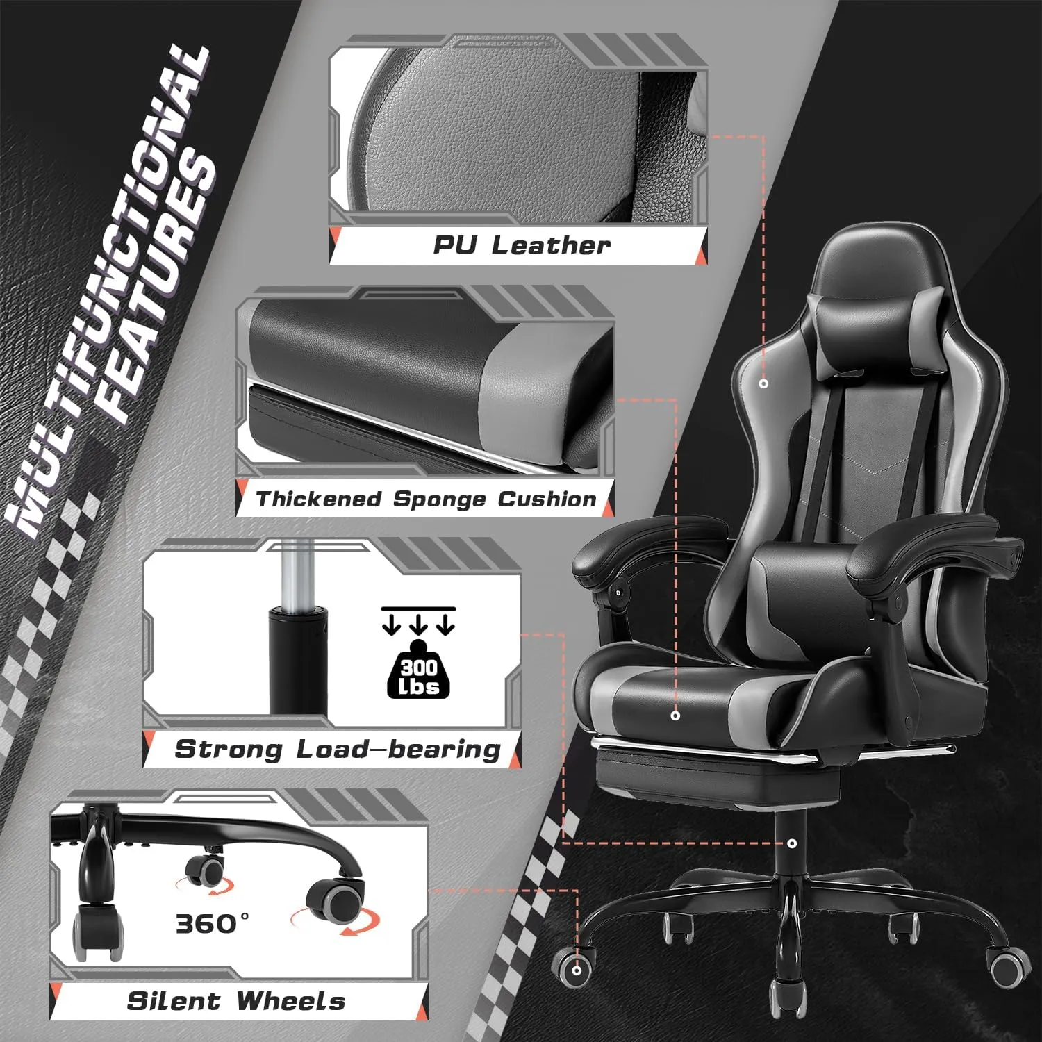 Shahoo Gaming Chair with Footrest and Massage Lumbar Support, Video Racing Seat Height Adjustable with 360°Swivel and Headrest for Office or Bedroom, Grey