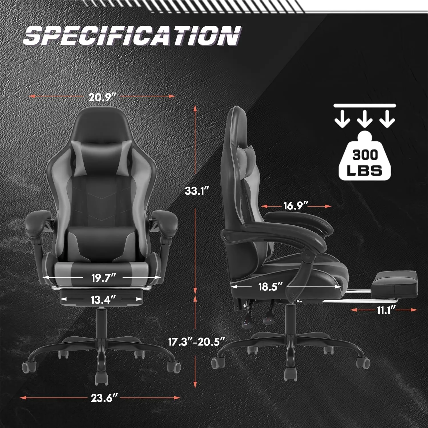 Shahoo Gaming Chair with Footrest and Massage Lumbar Support, Video Racing Seat Height Adjustable with 360°Swivel and Headrest for Office or Bedroom, Grey