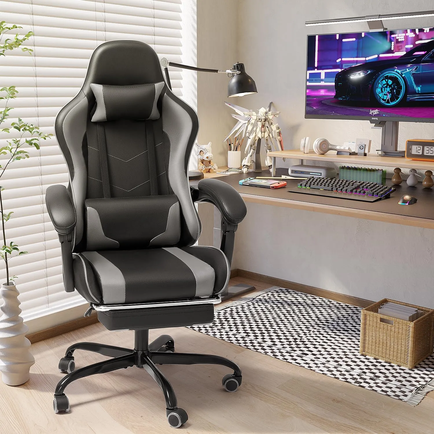 Shahoo Gaming Chair with Footrest and Massage Lumbar Support, Video Racing Seat Height Adjustable with 360°Swivel and Headrest for Office or Bedroom, Grey