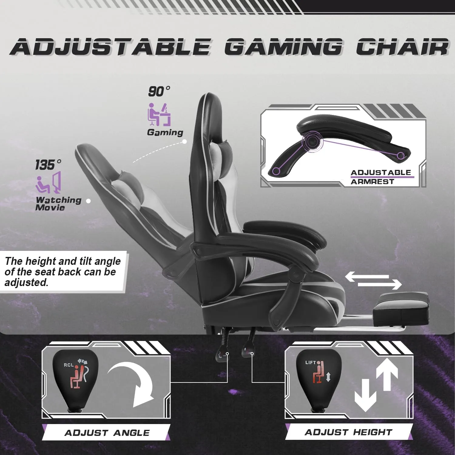 Shahoo Gaming Chair with Footrest and Massage Lumbar Support, Video Racing Seat Height Adjustable with 360°Swivel and Headrest for Office or Bedroom, Grey