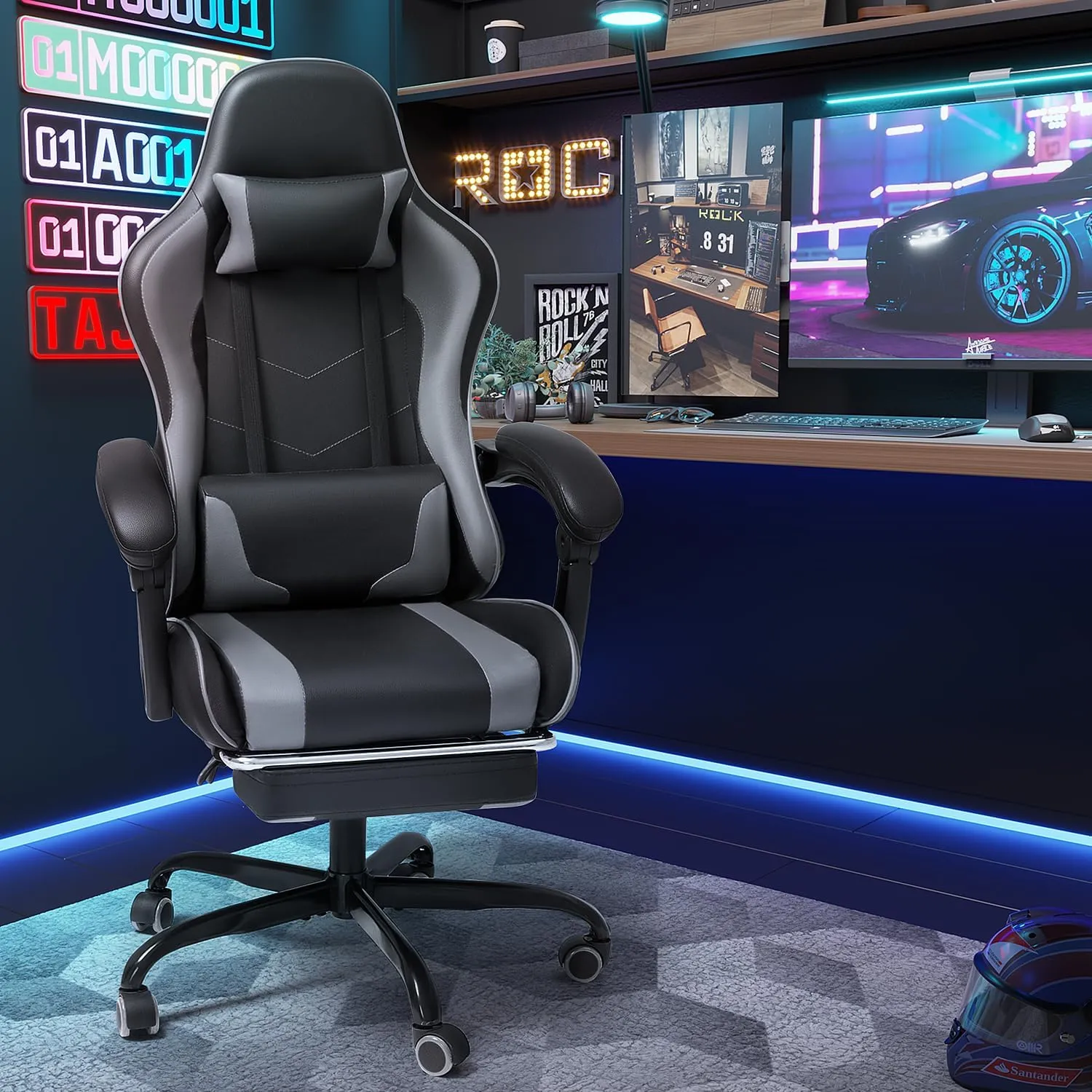 Shahoo Gaming Chair with Footrest and Massage Lumbar Support, Video Racing Seat Height Adjustable with 360°Swivel and Headrest for Office or Bedroom, Grey