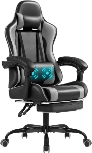 Shahoo Gaming Chair with Footrest and Massage Lumbar Support, Video Racing Seat Height Adjustable with 360°Swivel and Headrest for Office or Bedroom, Grey