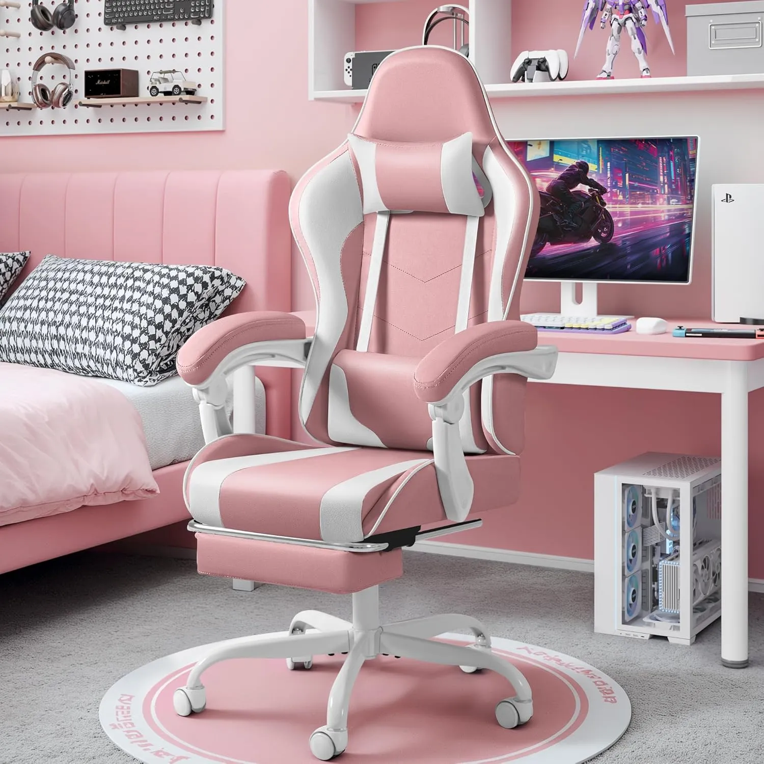 Shahoo Gaming Chair with Footrest and Massage Lumbar Support, Video Racing Seat Height Adjustable with 360°Swivel and Headrest for Office or Bedroom, Pink