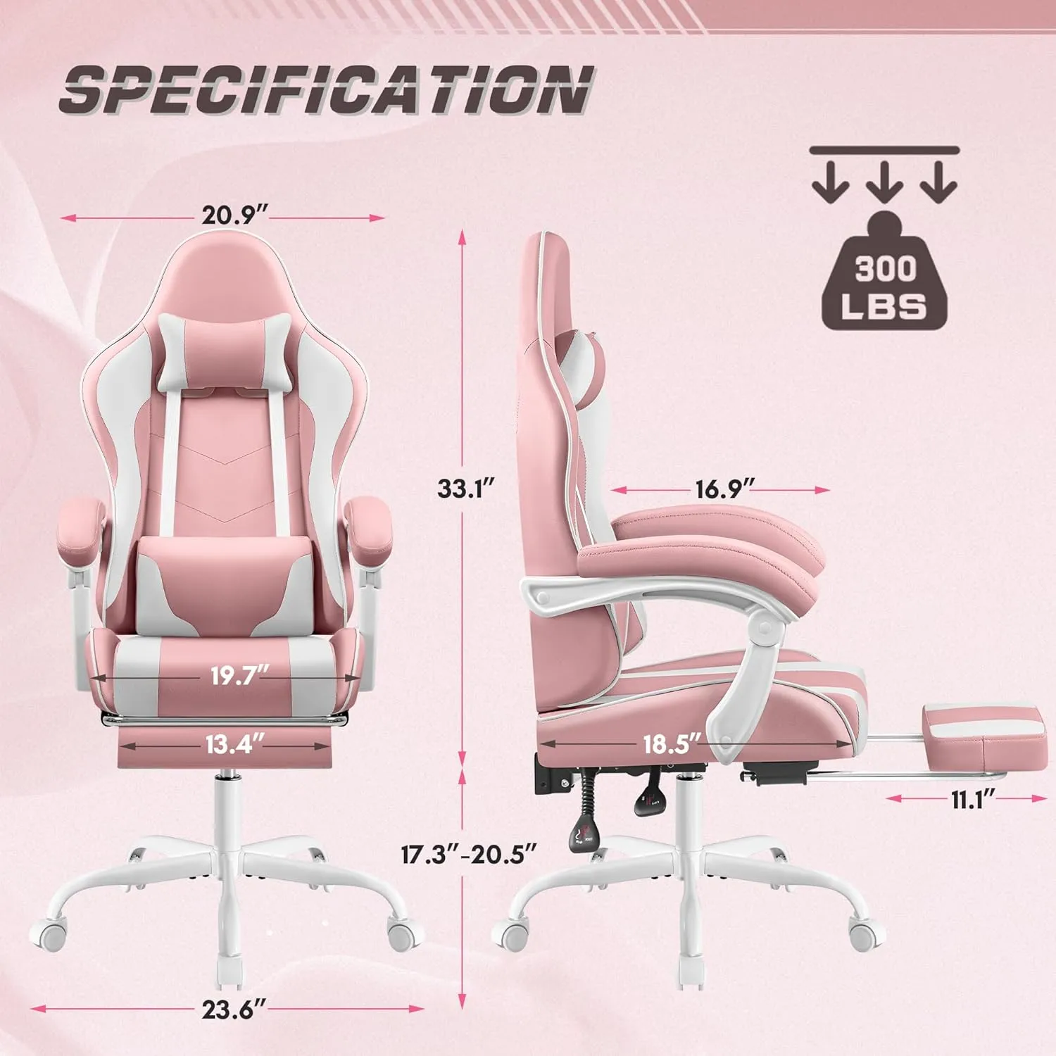 Shahoo Gaming Chair with Footrest and Massage Lumbar Support, Video Racing Seat Height Adjustable with 360°Swivel and Headrest for Office or Bedroom, Pink