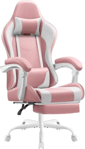Shahoo Gaming Chair with Footrest and Massage Lumbar Support, Video Racing Seat Height Adjustable with 360°Swivel and Headrest for Office or Bedroom, Pink