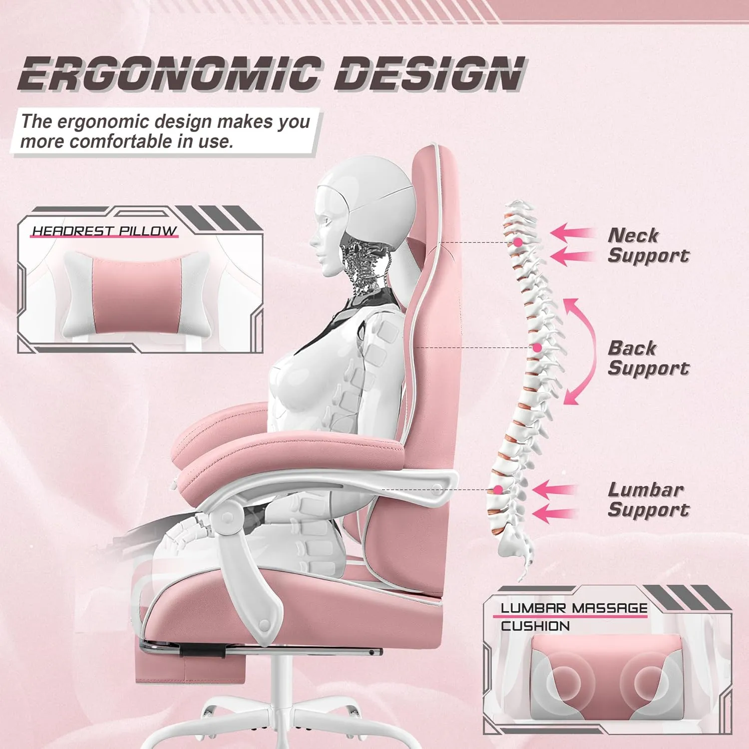 Shahoo Gaming Chair with Footrest and Massage Lumbar Support, Video Racing Seat Height Adjustable with 360°Swivel and Headrest for Office or Bedroom, Pink