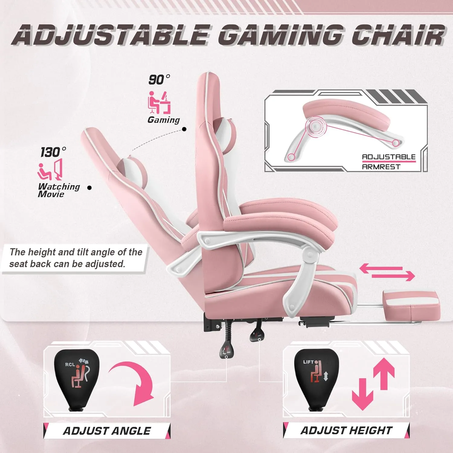 Shahoo Gaming Chair with Footrest and Massage Lumbar Support, Video Racing Seat Height Adjustable with 360°Swivel and Headrest for Office or Bedroom, Pink