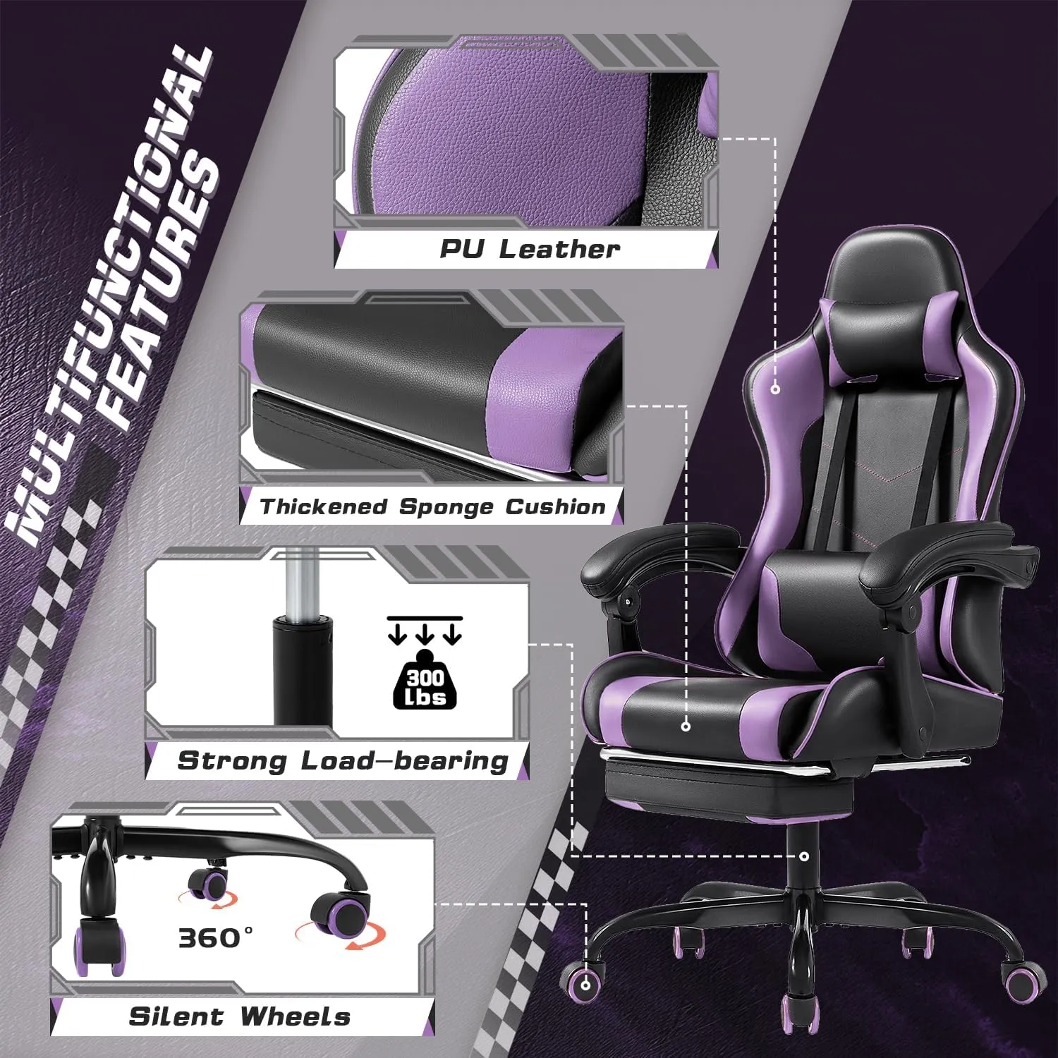Shahoo Gaming Chair with Footrest and Massage Lumbar Support, Video Racing Seat Height Adjustable with 360°Swivel and Headrest for Office or Bedroom, Purple