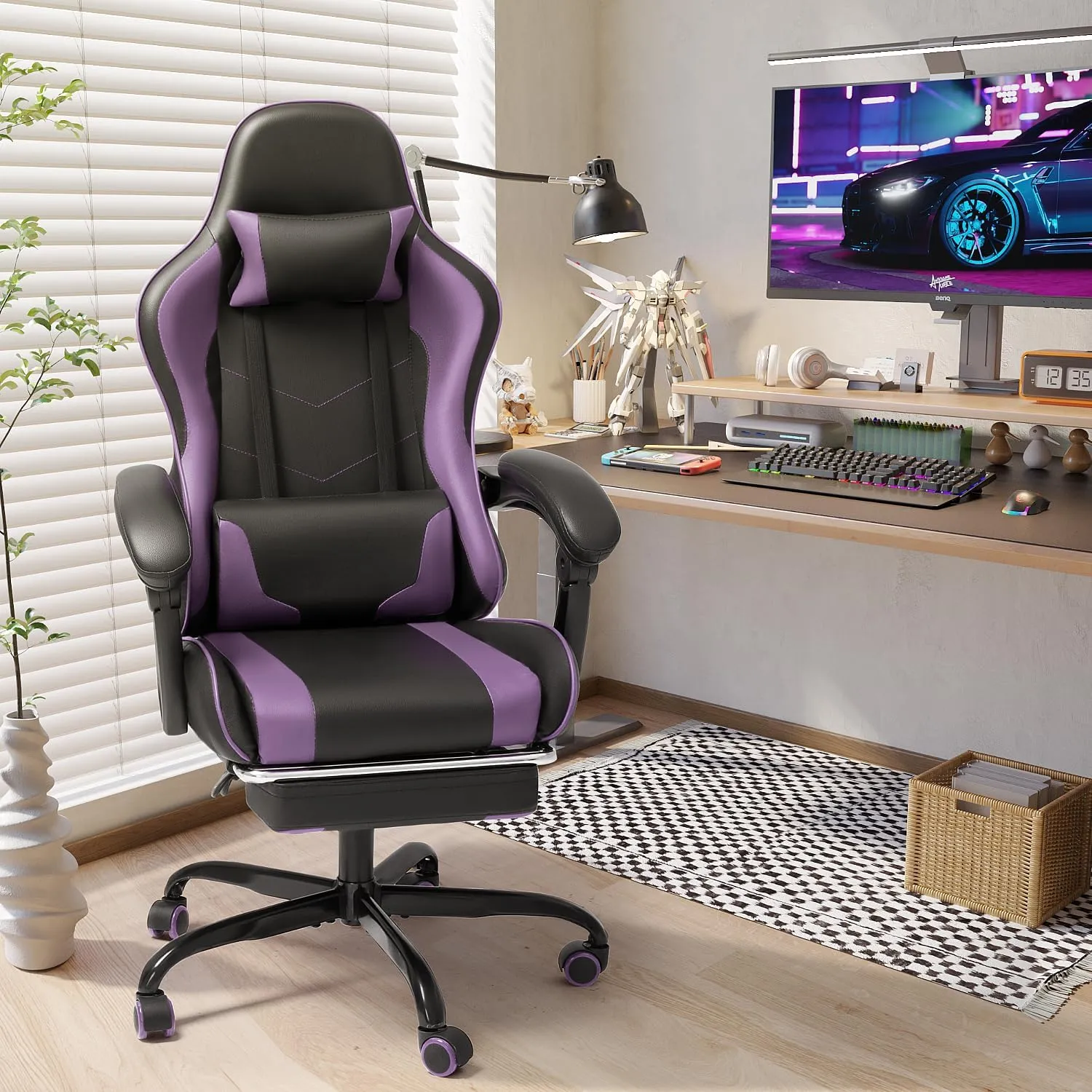 Shahoo Gaming Chair with Footrest and Massage Lumbar Support, Video Racing Seat Height Adjustable with 360°Swivel and Headrest for Office or Bedroom, Purple