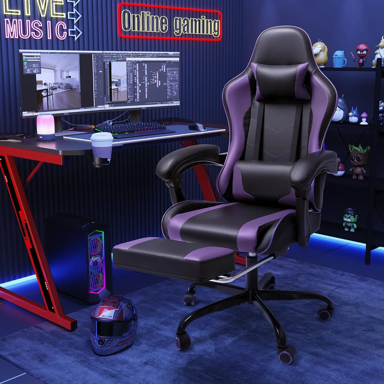 Shahoo Gaming Chair with Footrest and Massage Lumbar Support, Video Racing Seat Height Adjustable with 360°Swivel and Headrest for Office or Bedroom, Purple