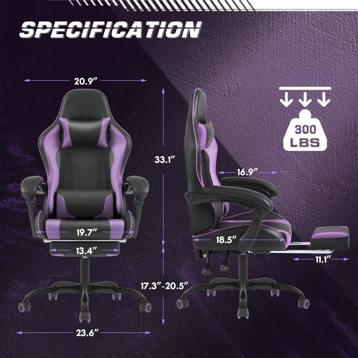 Shahoo Gaming Chair with Footrest and Massage Lumbar Support, Video Racing Seat Height Adjustable with 360°Swivel and Headrest for Office or Bedroom, Purple