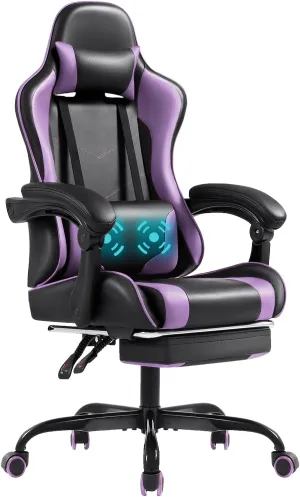 Shahoo Gaming Chair with Footrest and Massage Lumbar Support, Video Racing Seat Height Adjustable with 360°Swivel and Headrest for Office or Bedroom, Purple