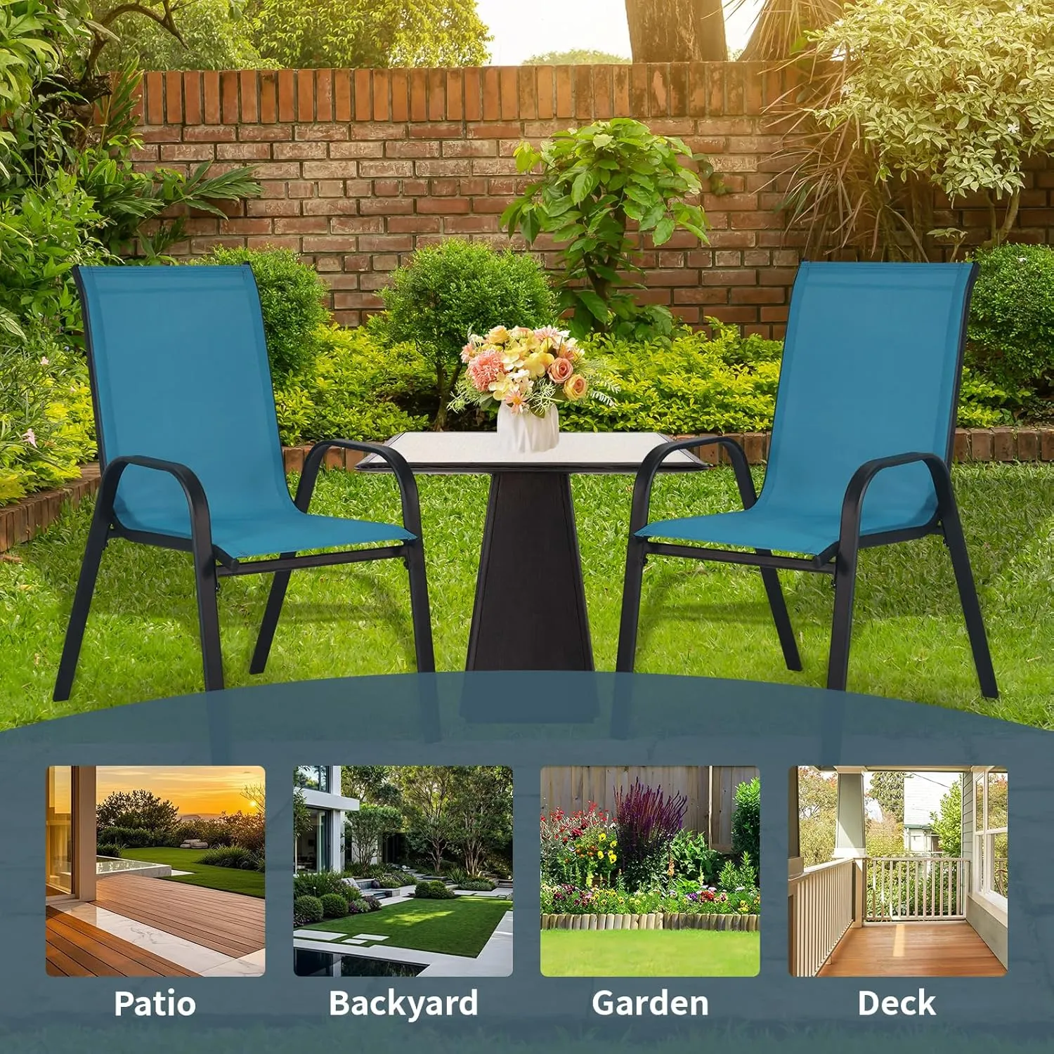 SHGJ&SOFT Patio Chairs Set of 4, Outdoor Stackable Dining Chairs with High Back, Breathable Patio Dining Chairs with All Weather Outdoor Furniture for Backyard, Deck, Garden, Lawn (Blue, Set of 4)