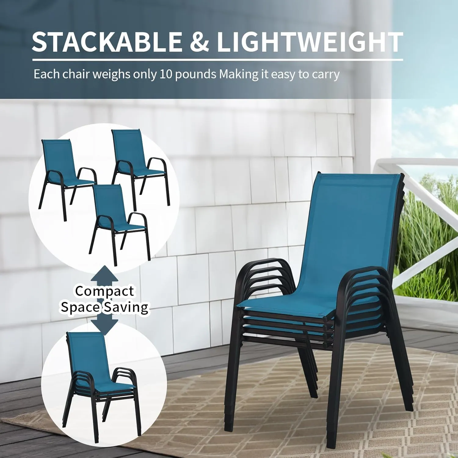 SHGJ&SOFT Patio Chairs Set of 4, Outdoor Stackable Dining Chairs with High Back, Breathable Patio Dining Chairs with All Weather Outdoor Furniture for Backyard, Deck, Garden, Lawn (Blue, Set of 4)