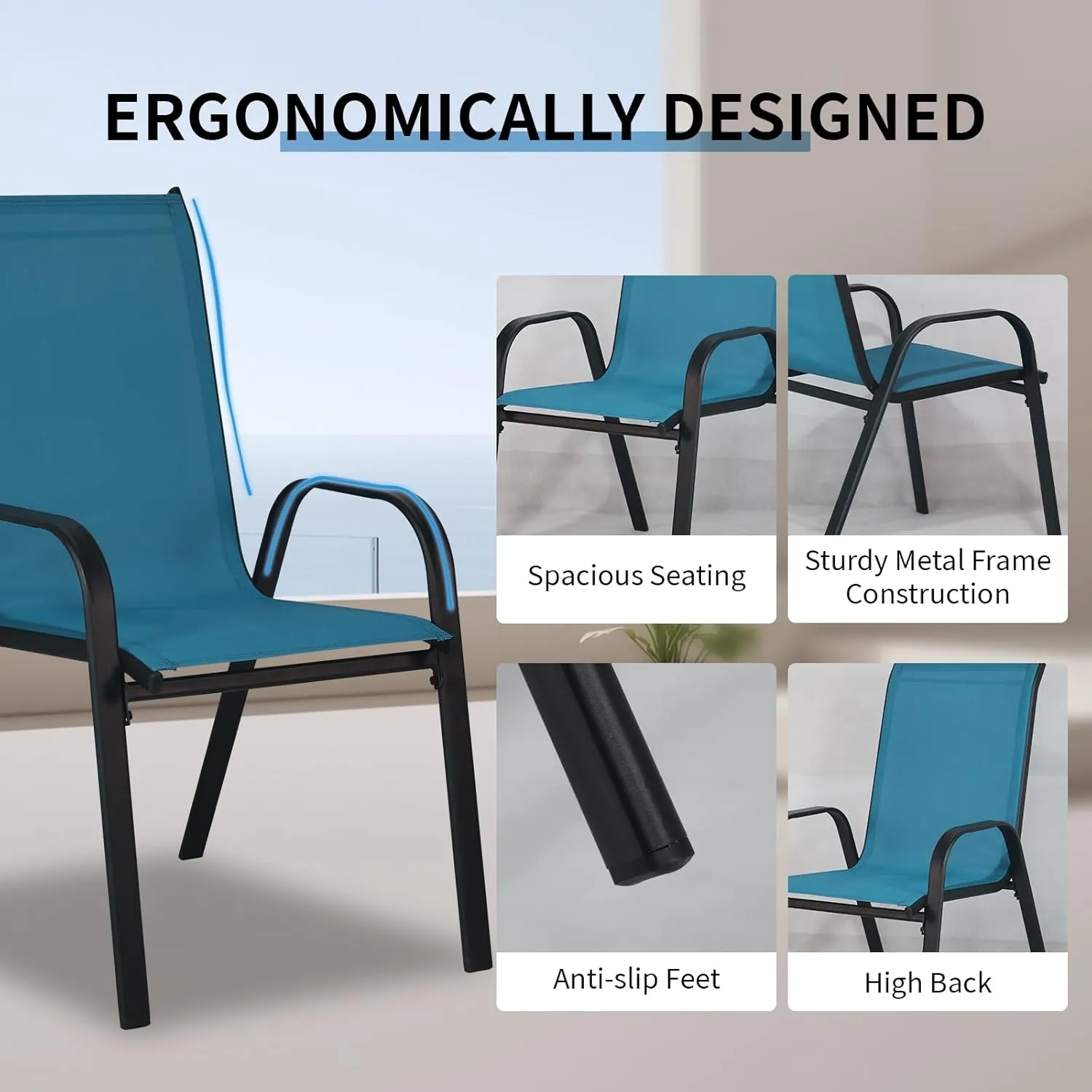 SHGJ&SOFT Patio Chairs Set of 4, Outdoor Stackable Dining Chairs with High Back, Breathable Patio Dining Chairs with All Weather Outdoor Furniture for Backyard, Deck, Garden, Lawn (Blue, Set of 4)
