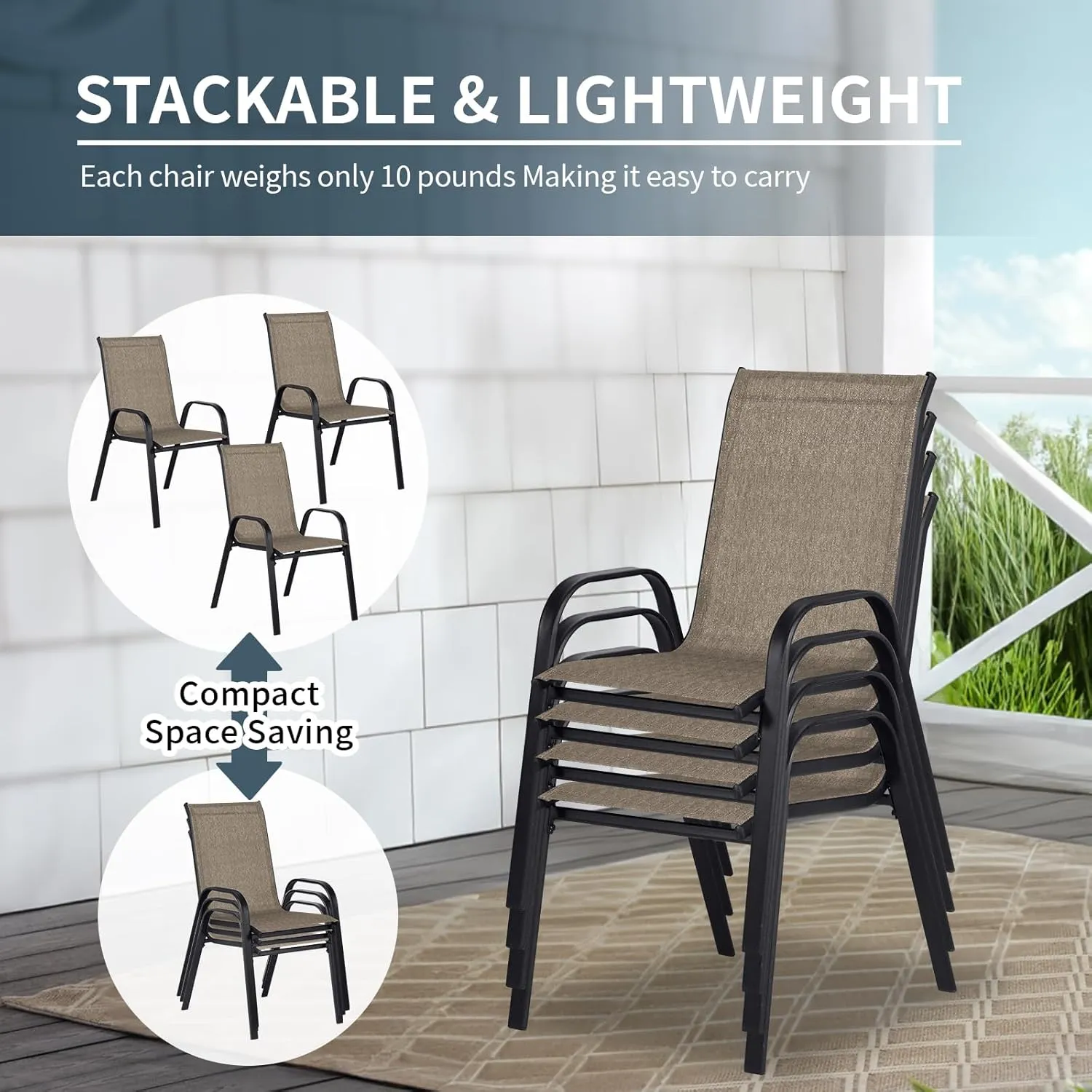 SHGJ&SOFT Stackable Patio Chairs Set of 4, Stackable Patio Chairs with High Back, Comfortable Breathable Patio Dining Chairs for Backyard, Deck, Garden, Lawn (Brown, Set of 4)