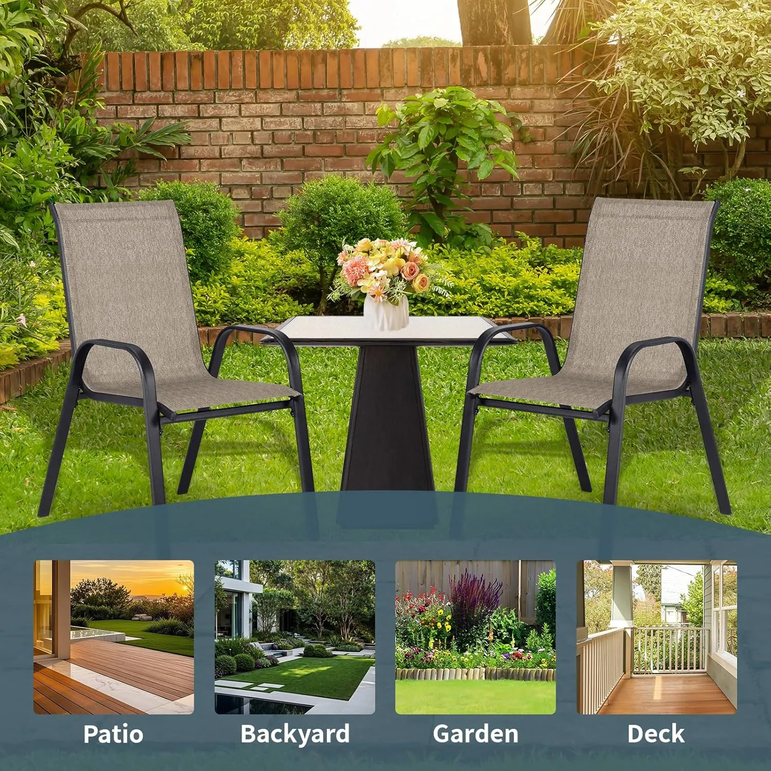 SHGJ&SOFT Stackable Patio Chairs Set of 4, Stackable Patio Chairs with High Back, Comfortable Breathable Patio Dining Chairs for Backyard, Deck, Garden, Lawn (Brown, Set of 4)