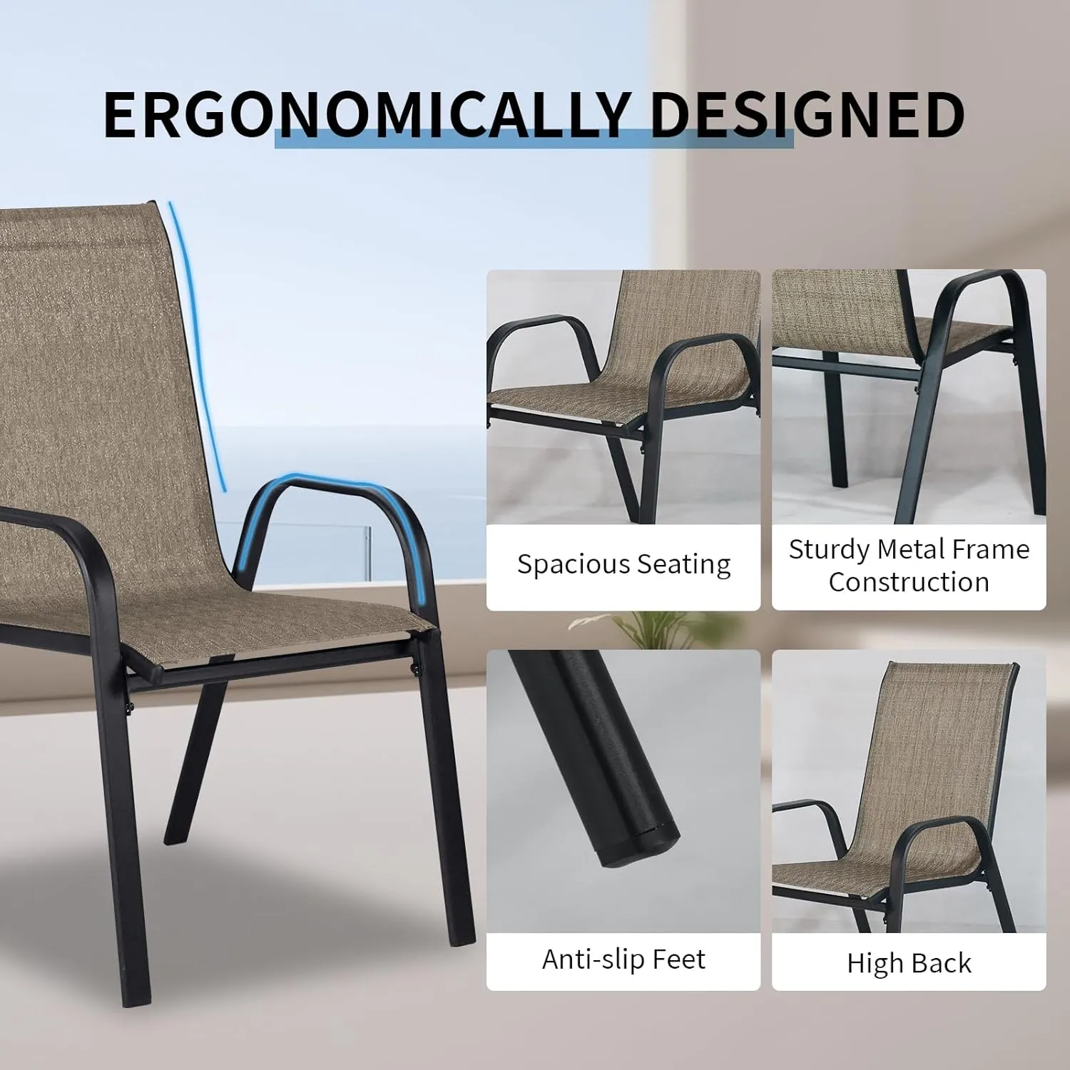 SHGJ&SOFT Stackable Patio Chairs Set of 4, Stackable Patio Chairs with High Back, Comfortable Breathable Patio Dining Chairs for Backyard, Deck, Garden, Lawn (Brown, Set of 4)