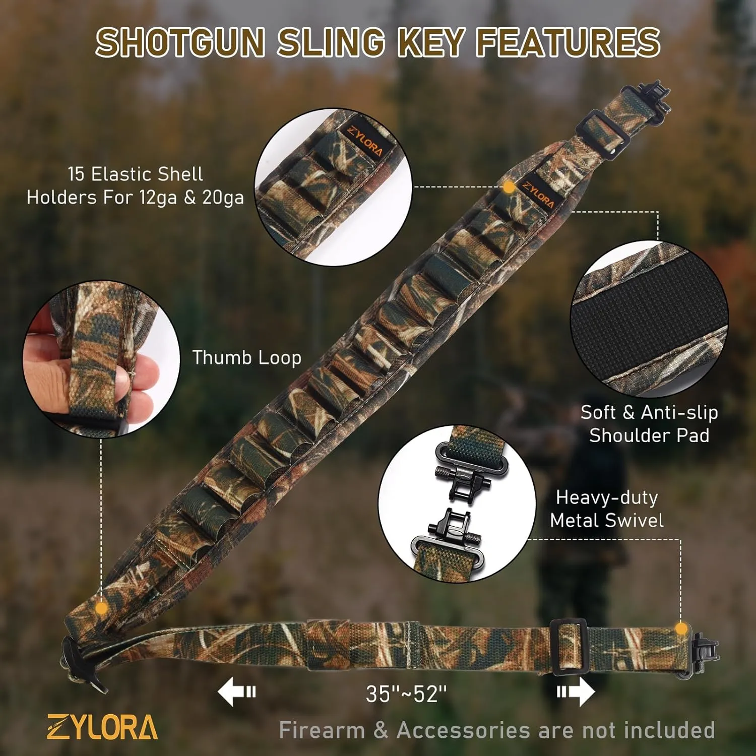 Shotgun Sling with 15 Shell Holders for 12ga 20ga Shotguns, Adjustable Gun Sling with Swivels and Buttstock Ammo Holder, Hunting and Shotting Accessory