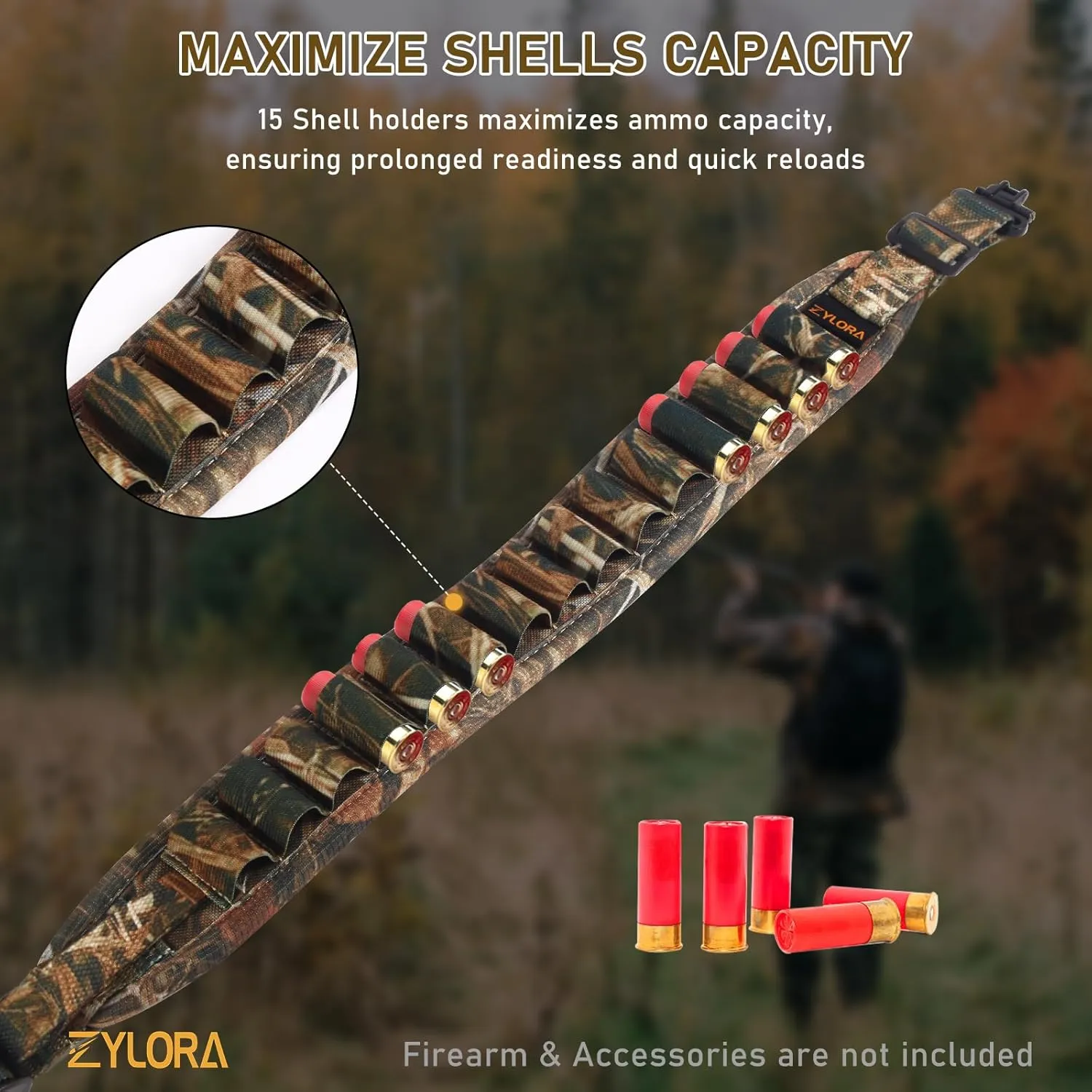 Shotgun Sling with 15 Shell Holders for 12ga 20ga Shotguns, Adjustable Gun Sling with Swivels and Buttstock Ammo Holder, Hunting and Shotting Accessory