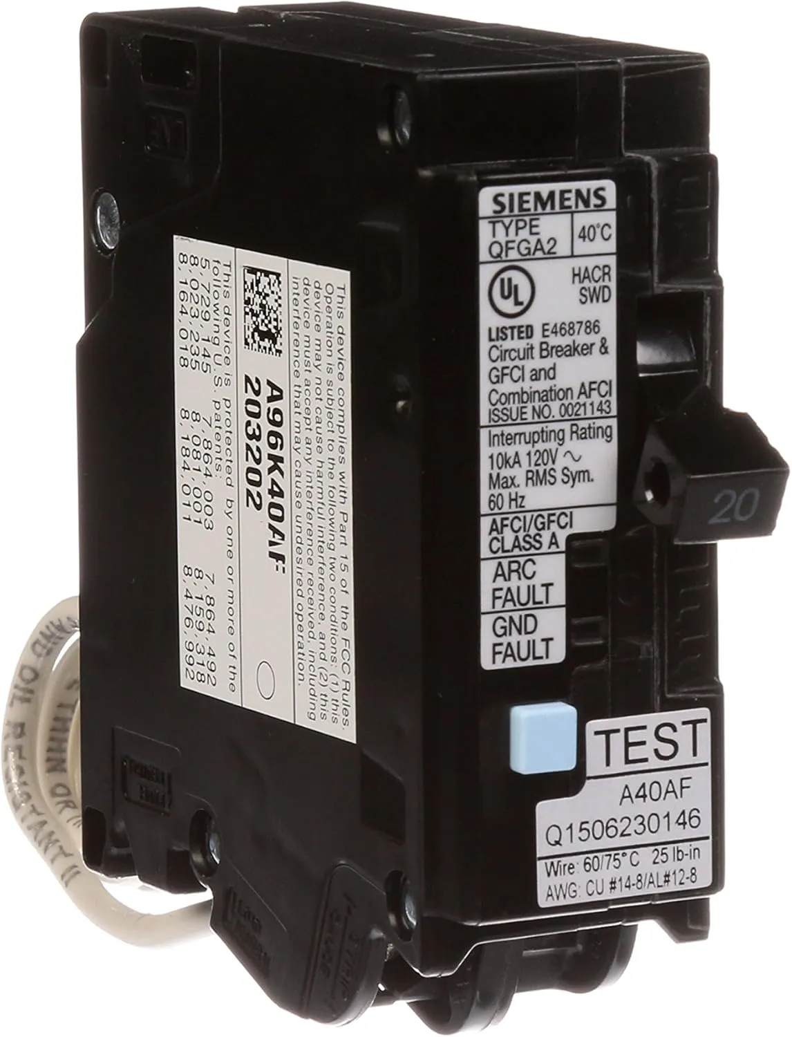 SIEMENS Q120DF 20-Amp Afci/Gfci Dual Function Circuit Breaker, Plug-in Load Center Style